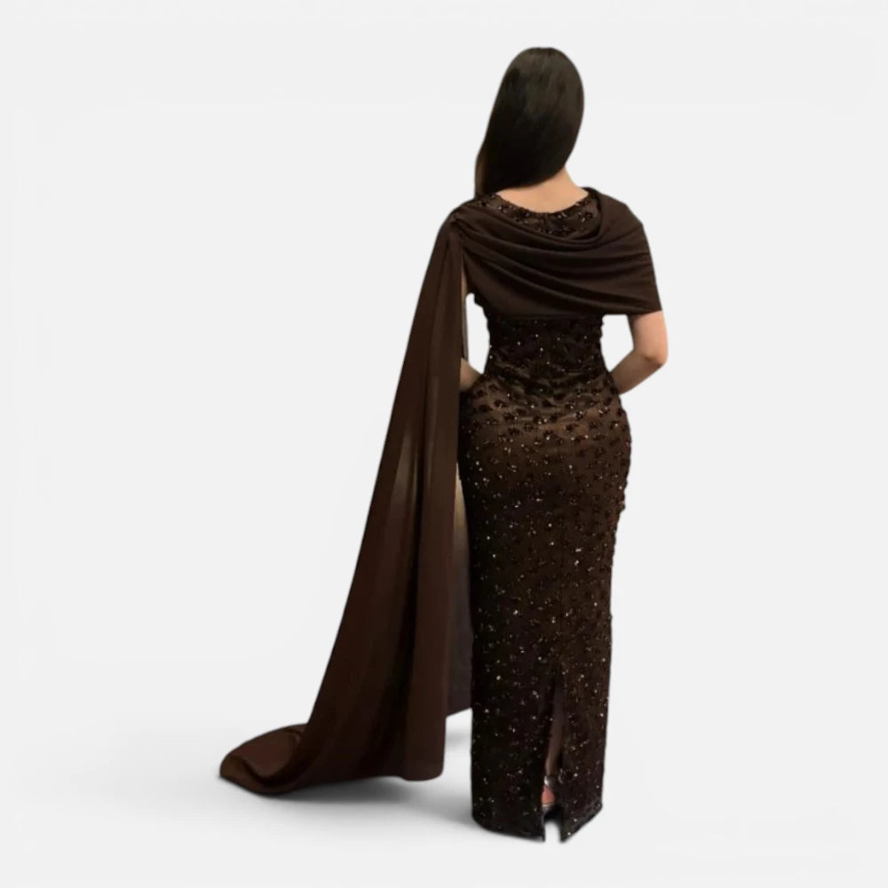 Robe de Soirée Longue en Perles et Sequins Couleur Chocolat