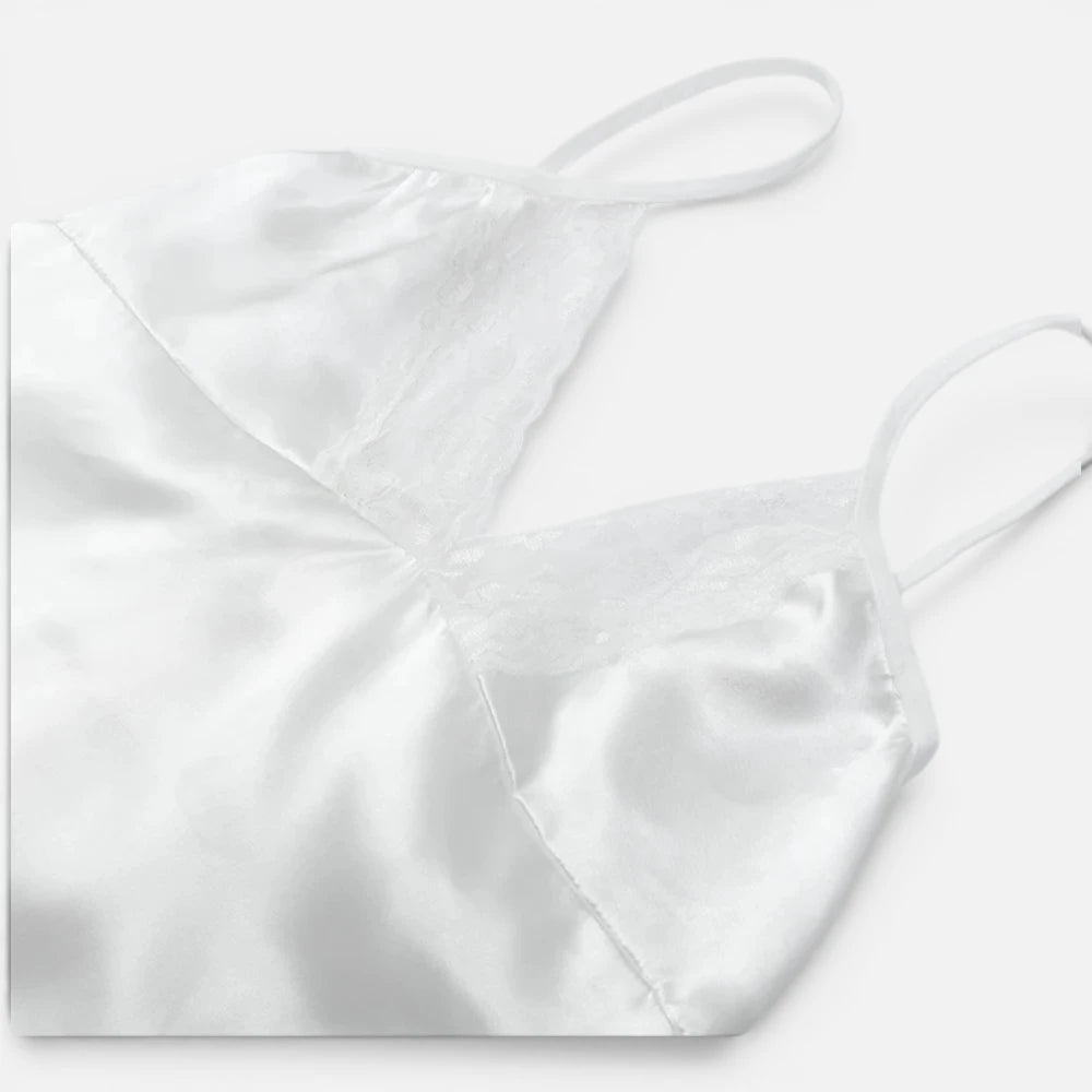 Robe Longue Satinée à Décolleté Dentelle et Fines Bretelles