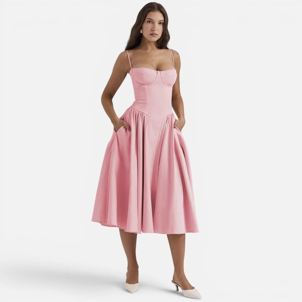 Robe Midi Évasée Style Vintage à Bustier et Plis