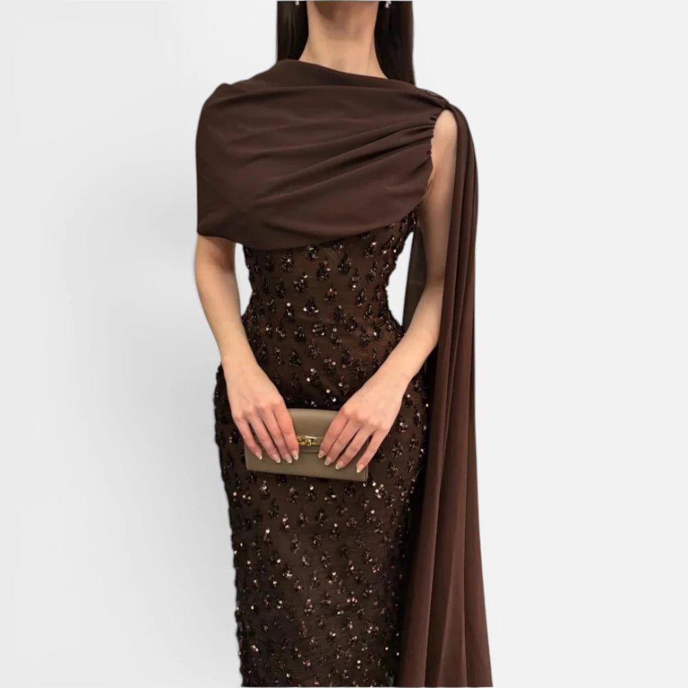 Robe de Soirée Longue en Perles et Sequins Couleur Chocolat