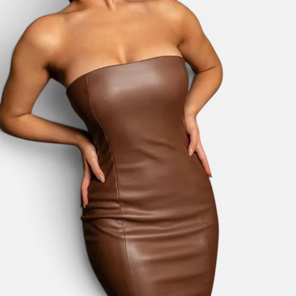 Robe Midi Bustier en Simili-Cuir Coupe Crayon