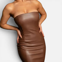 Robe Midi Bustier en Simili-Cuir Coupe Crayon