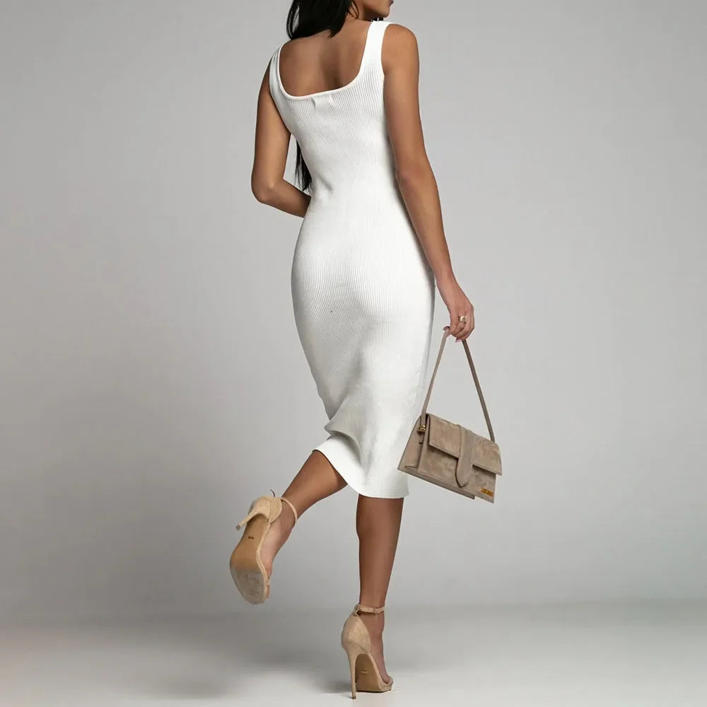 Robe Midi en Maille Côtélée à Col Carré sans Manches