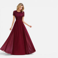 Robe de Demoiselle d'Honneur Longue en Mousseline et Dentelle