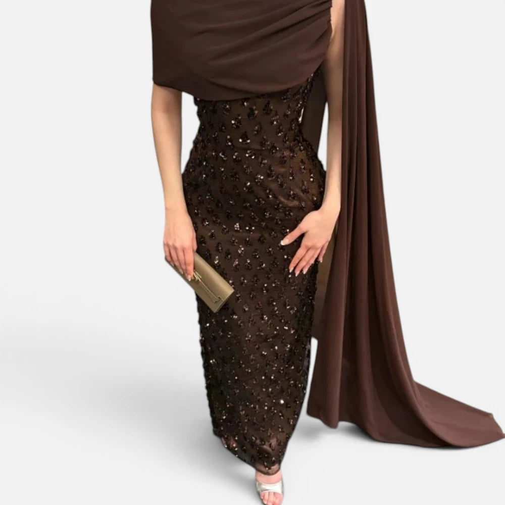 Robe de Soirée Longue en Perles et Sequins Couleur Chocolat