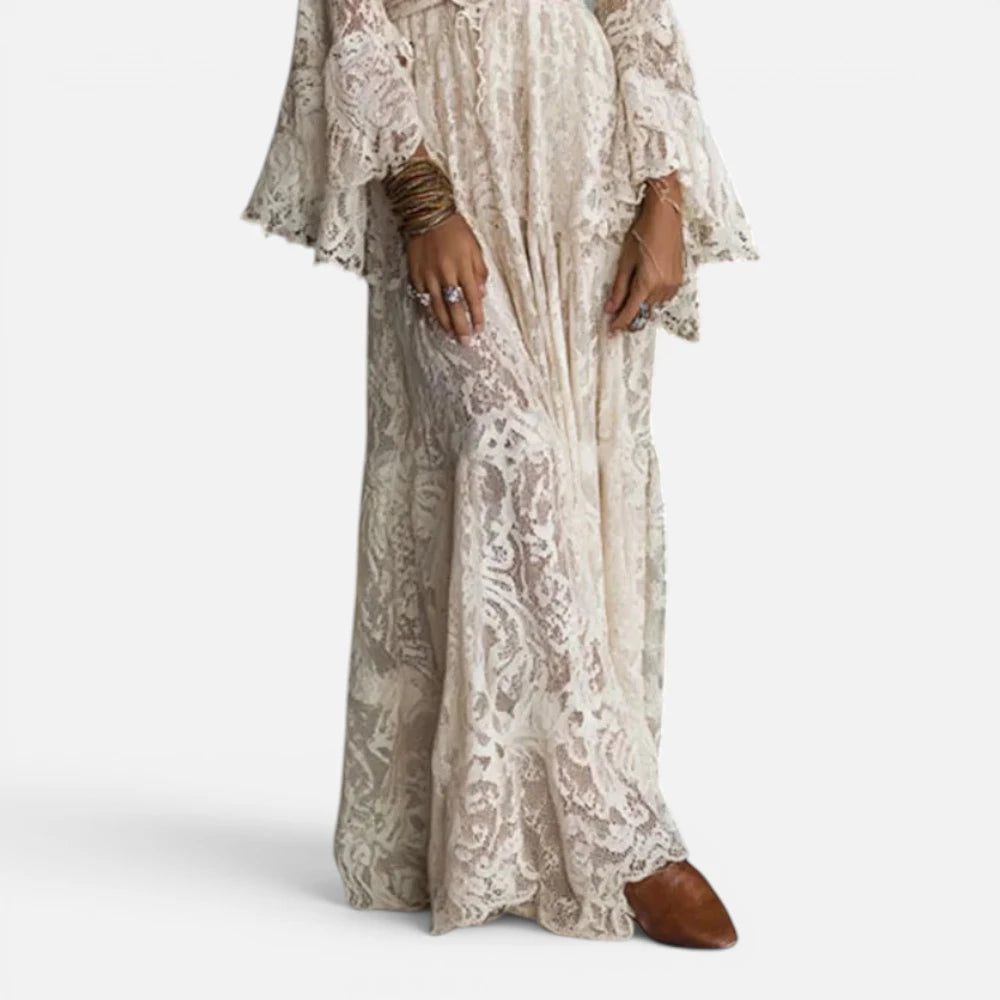Robe Longue en Dentelle Bohème à Manches Évasées