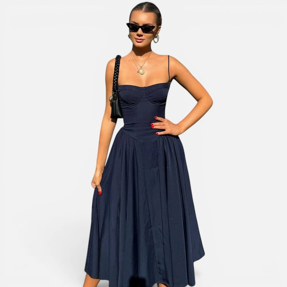 Robe Midi Évasée Style Vintage à Bustier et Plis