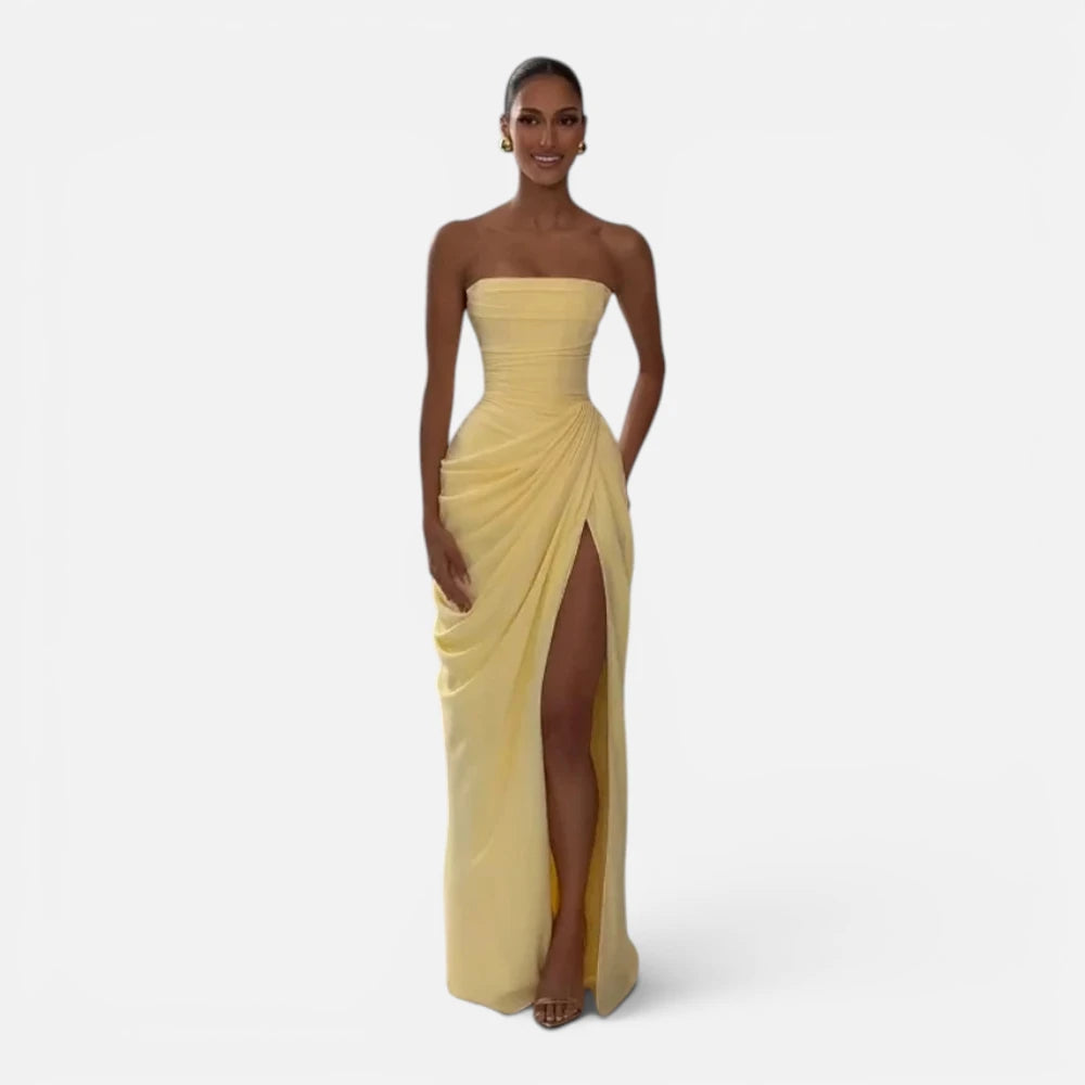 Robe Longue Bustier Plissée avec Fente Haute