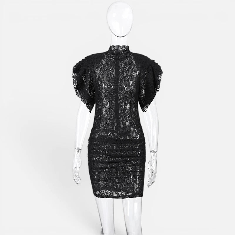 Robe de Soirée en Dentelle Transparente et Volants