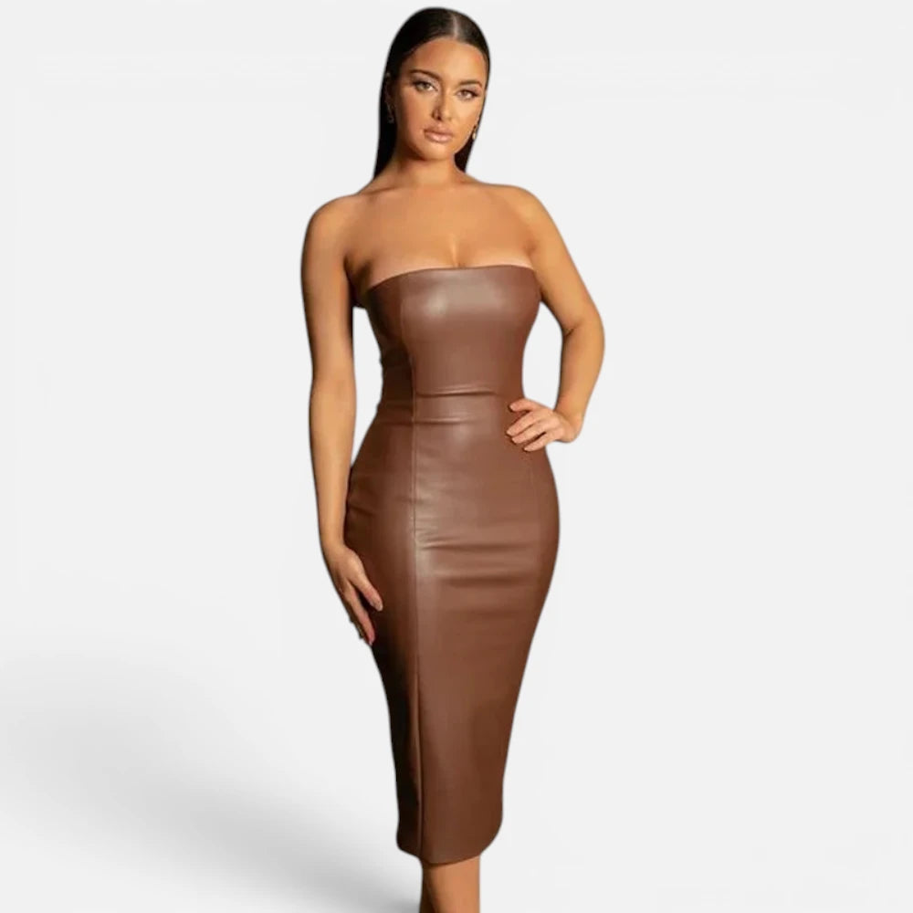 Robe Midi Bustier en Simili-Cuir Coupe Crayon