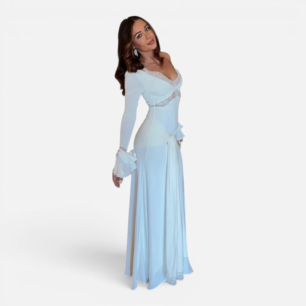 Robe Longue de Mariée Civile Fluide avec Décolleté Dentelle