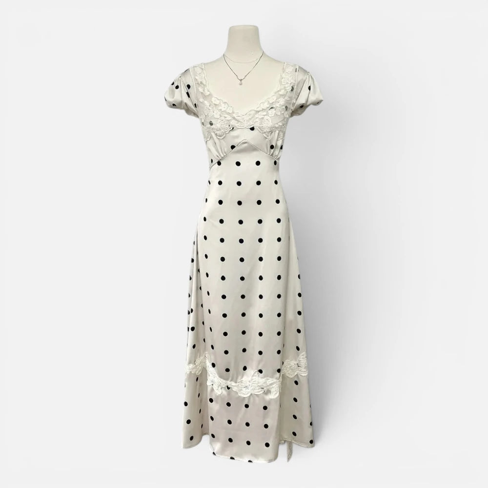 Robe Longue en Satin à Pois