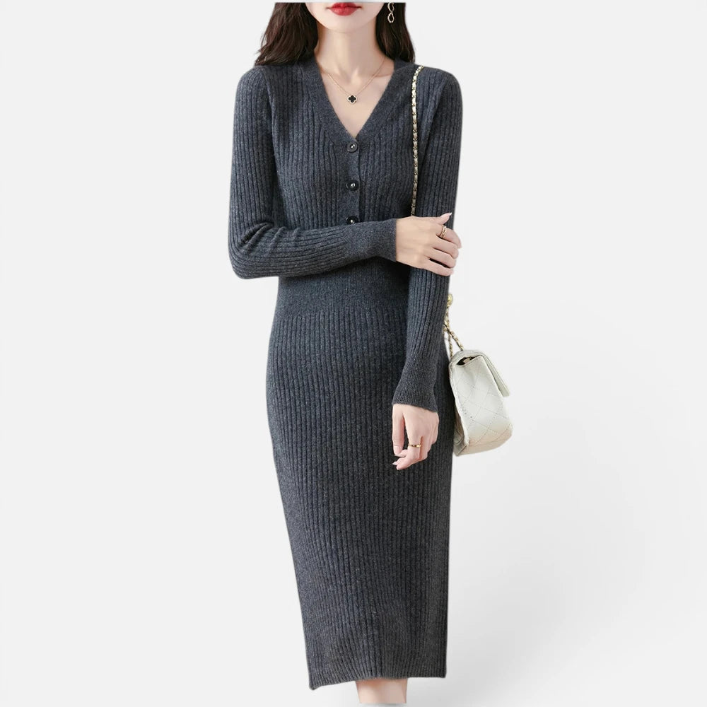 Robe Pull Mi-Longue en  Laine Mérinos Côtelée