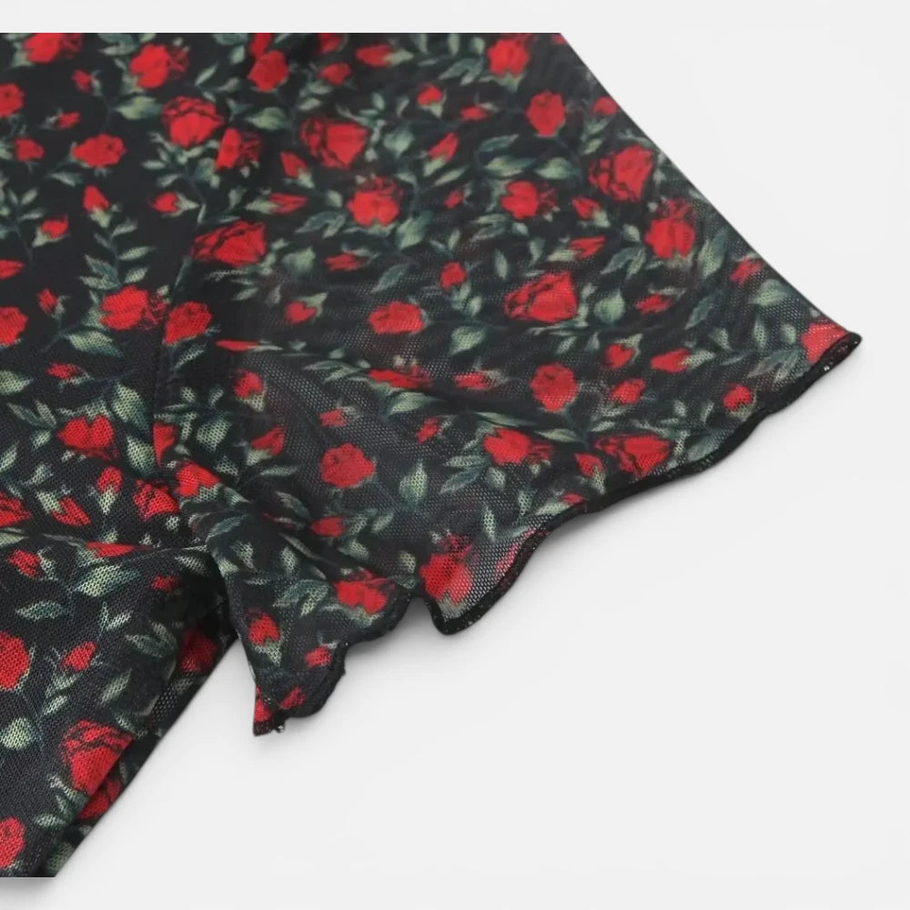 Robe Longue Fleurie à Col en V et Manches Courtes