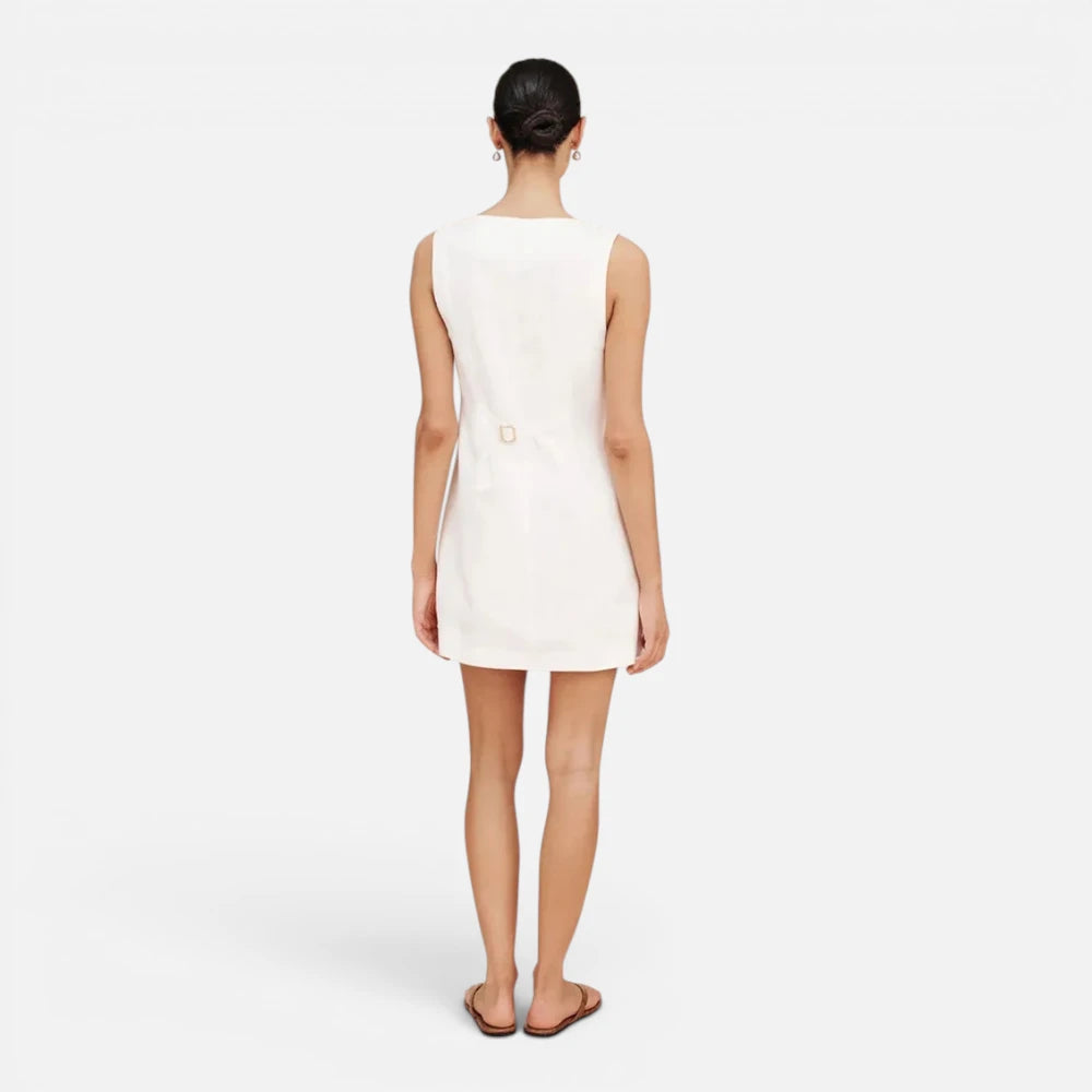 Robe Courte En  Lin Boutonnée à Col Carré