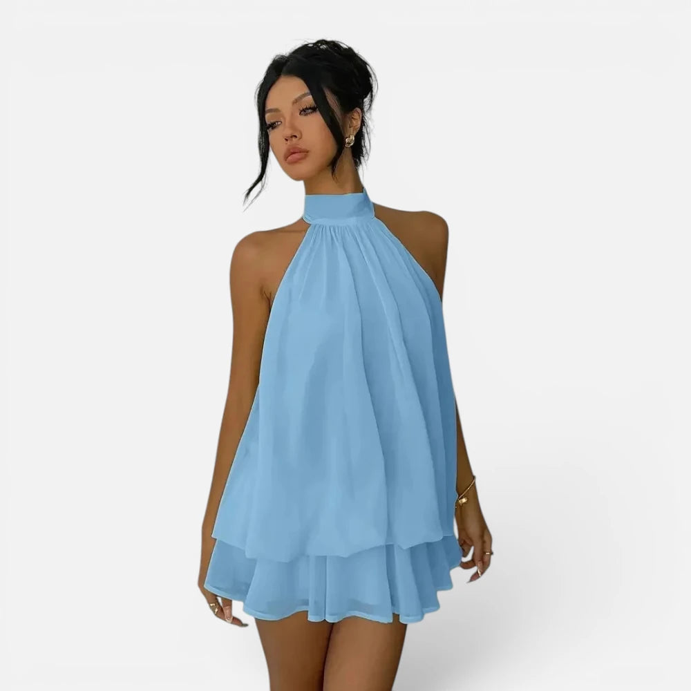 Mini Robe en Mousseline Fluide à Col Licou