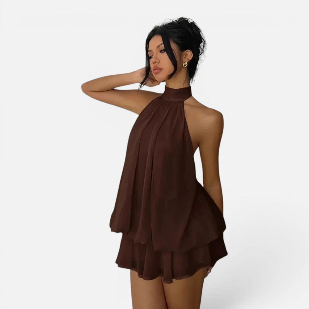 Mini Robe en Mousseline Fluide à Col Licou