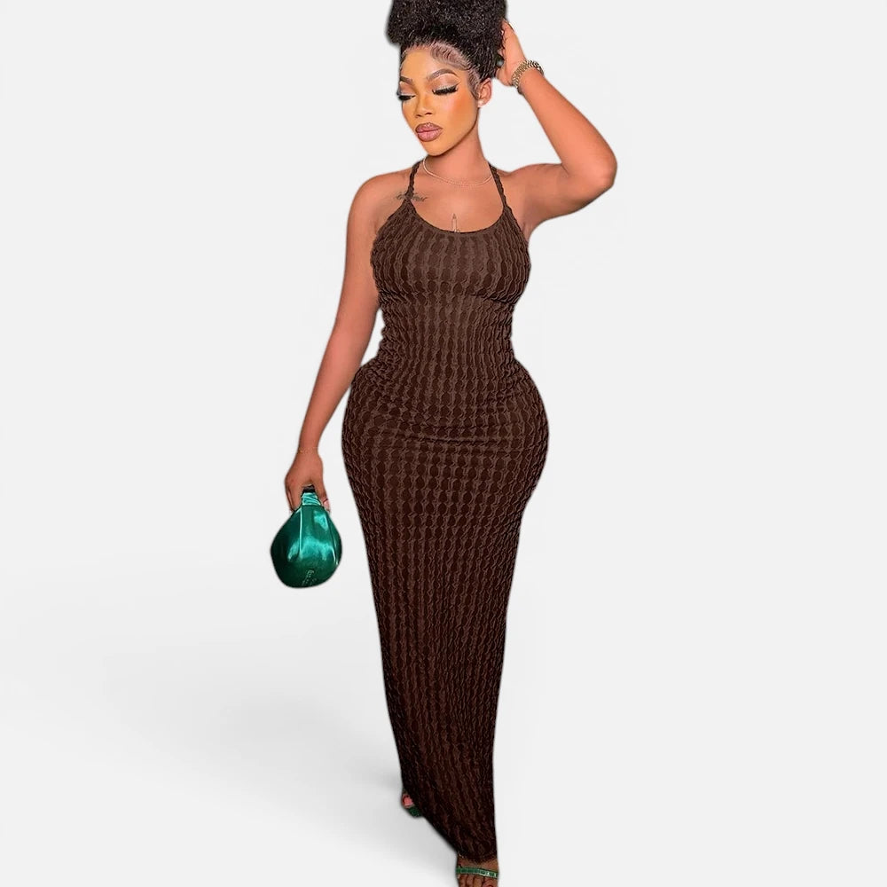 Robe Maxi Moulante Gaufrée à Fines Bretelles