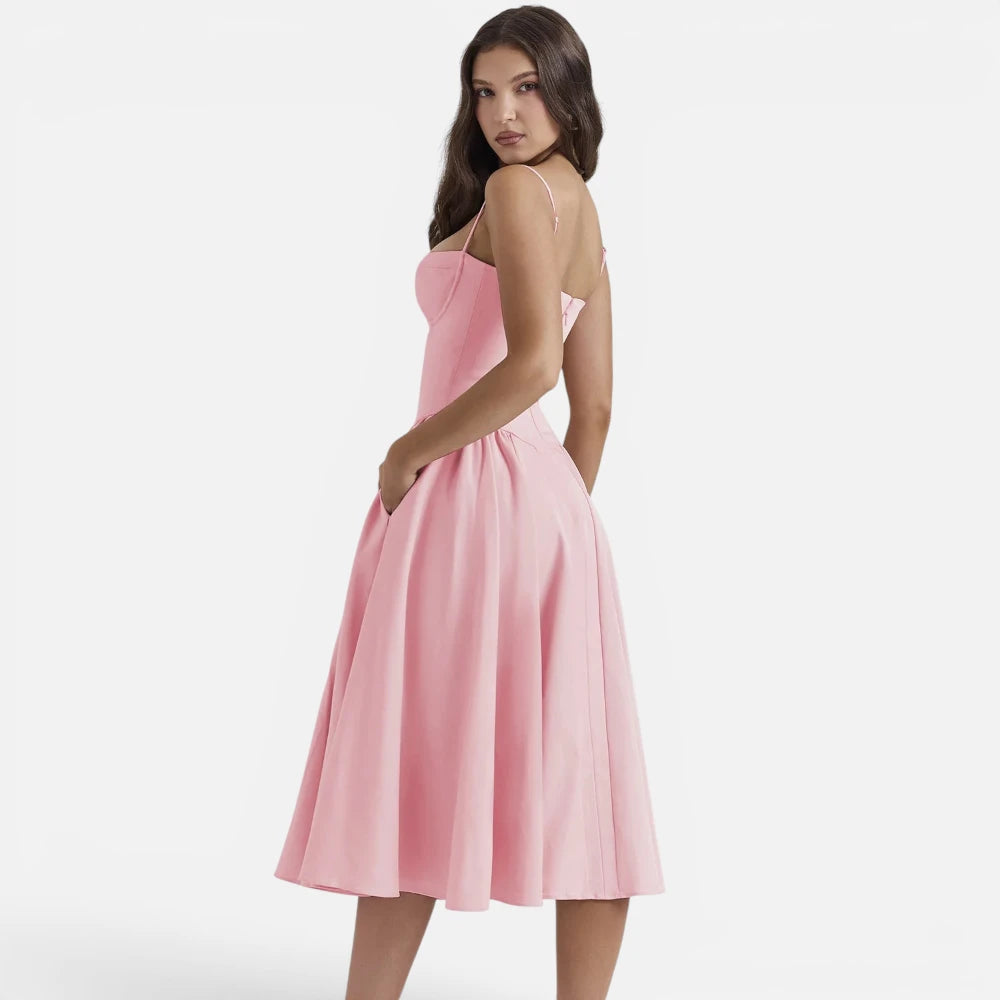 Robe Midi Évasée Style Vintage à Bustier et Plis