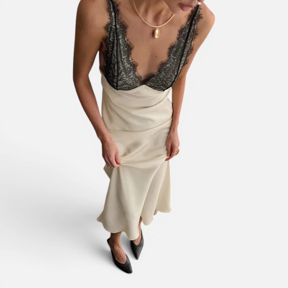 Robe Longue Satinée Beige avec Bustier en Dentelle Noire