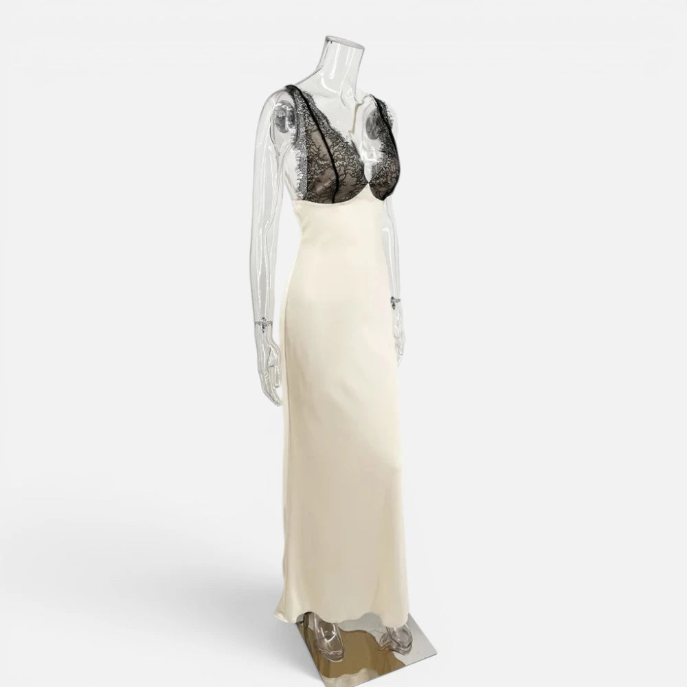 Robe Longue Satinée Beige avec Bustier en Dentelle Noire