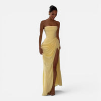 Robe Longue Bustier Plissée avec Fente Haute