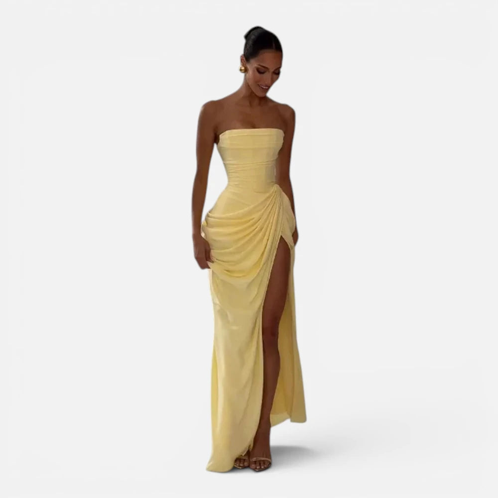 Robe Longue Bustier Plissée avec Fente Haute