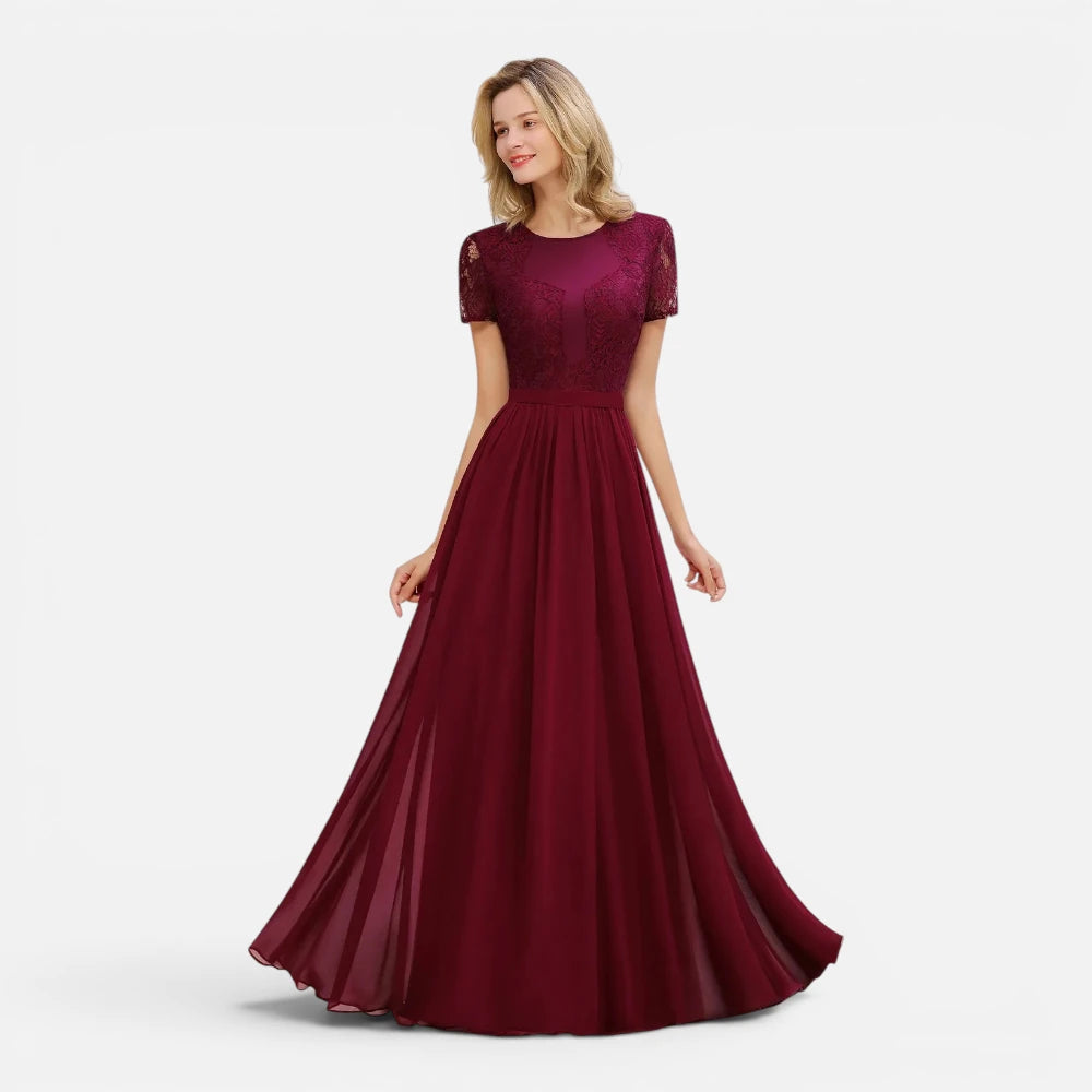 Robe de Demoiselle d'Honneur Longue en Mousseline et Dentelle