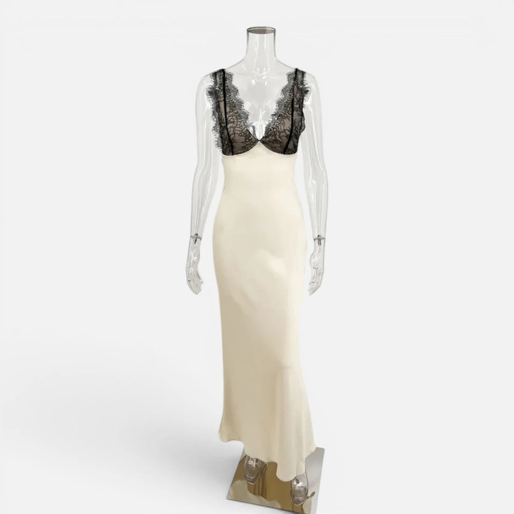 Robe Longue Satinée Beige avec Bustier en Dentelle Noire