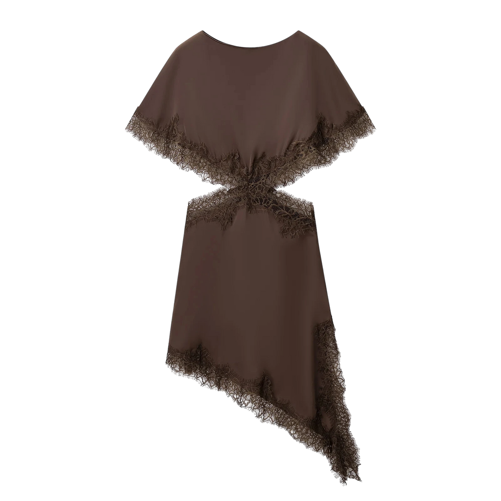 Robe Asymétrique en Satin Noir avec Dentelle et Cut-Out