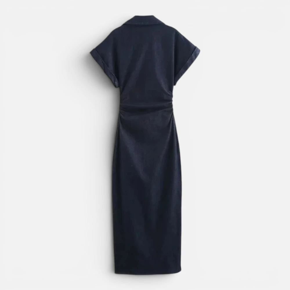 Robe Midi en Denim Boutonnée à Manches Courtes