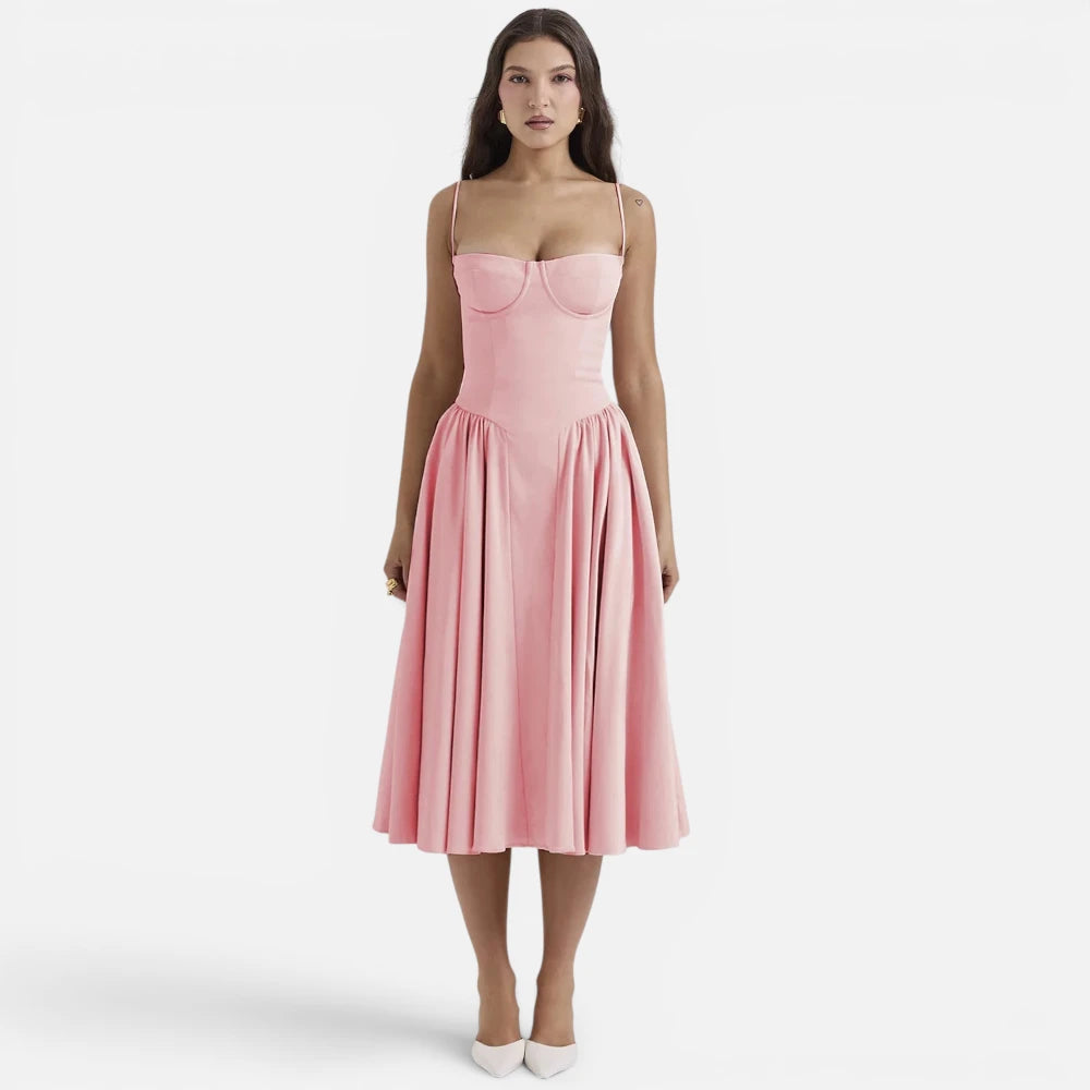 Robe Midi Évasée Style Vintage à Bustier et Plis