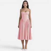 Robe Midi Évasée Style Vintage à Bustier et Plis