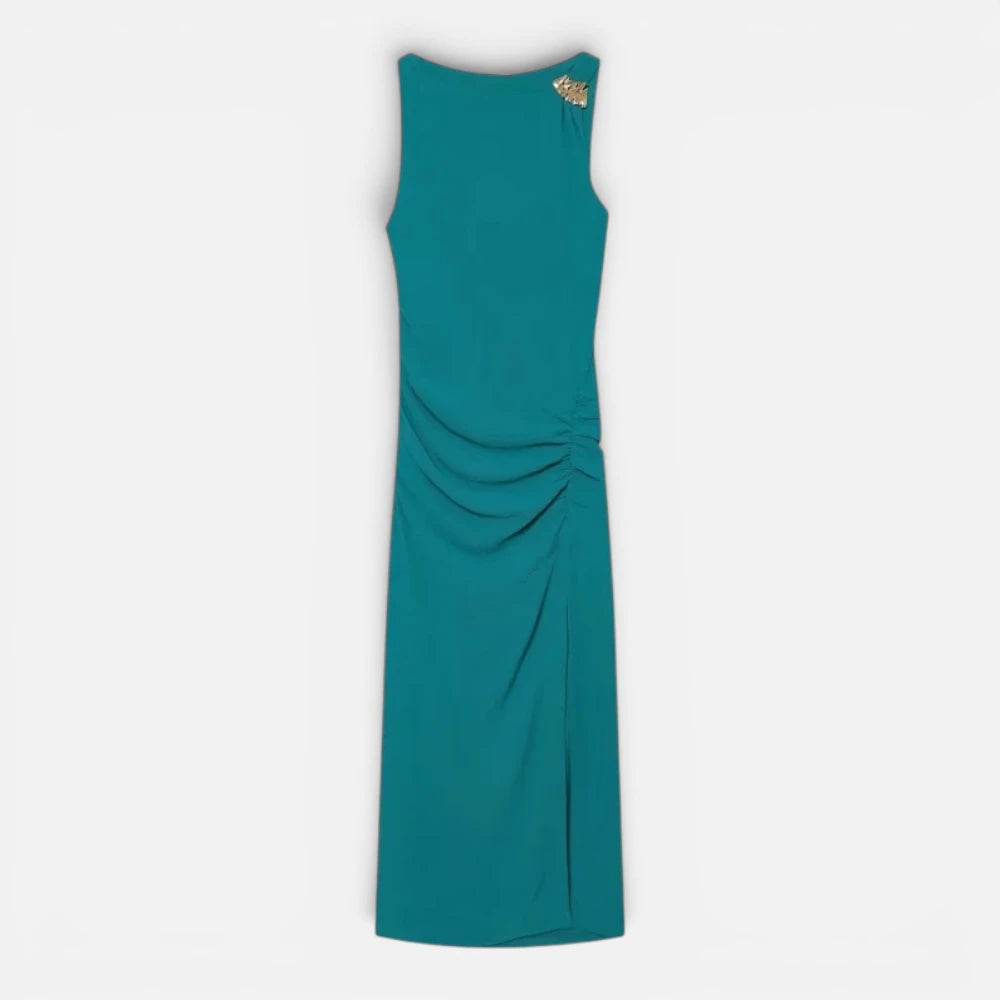 Robe Longue Verte Plissée avec Détail Doré