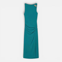 Robe Longue Verte Plissée avec Détail Doré