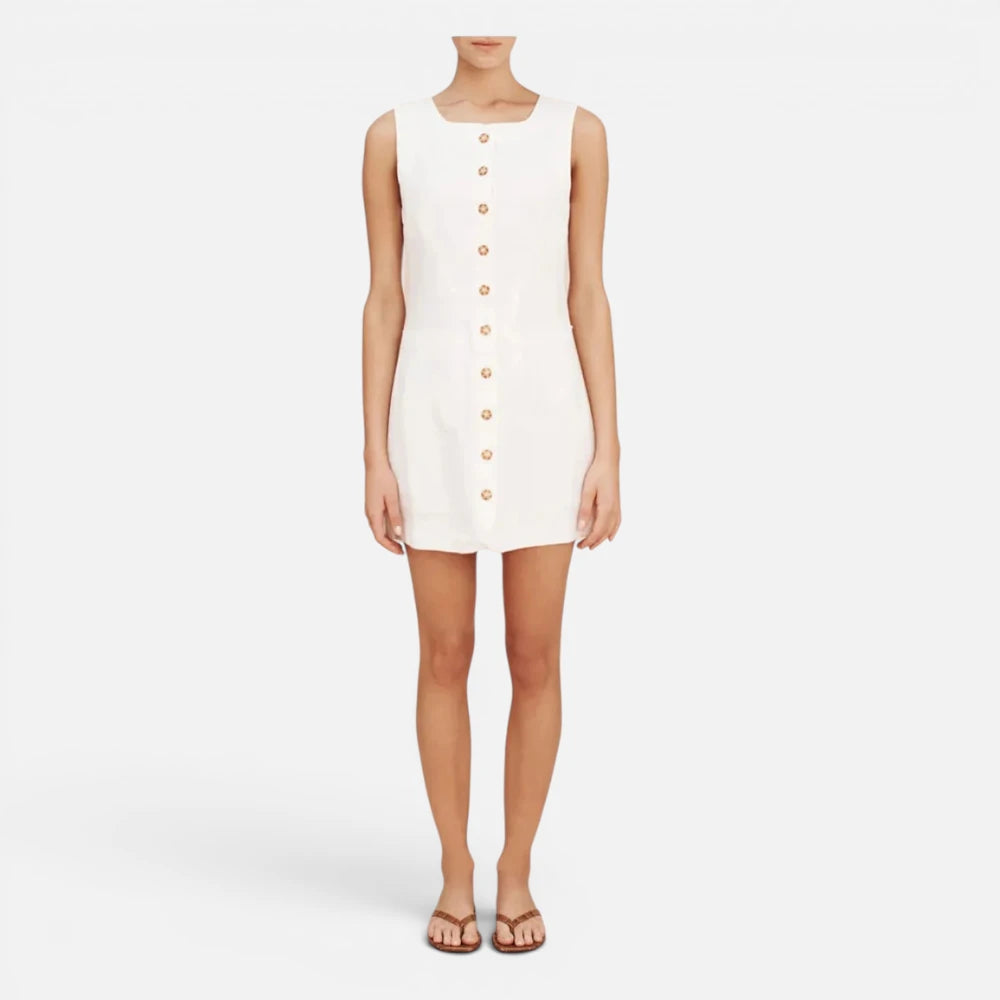 Robe Courte En  Lin Boutonnée à Col Carré