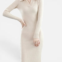 Robe Pull Longue en Maille Côtelée et Col Polo