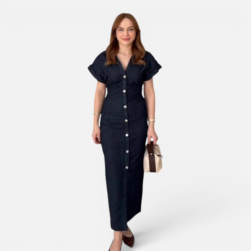 Robe Midi en Denim Boutonnée à Manches Courtes