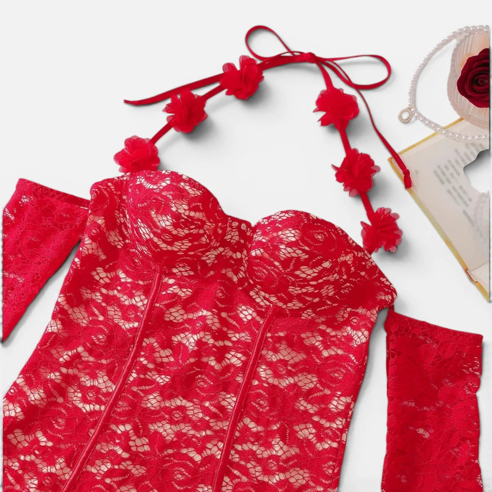 Robe Rouge A Bretelles Florales En Dentelle