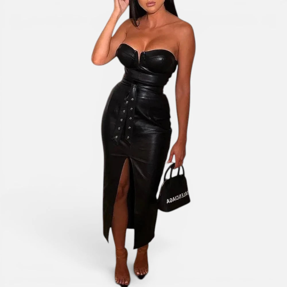 Robe Bustier en Similicuir avec Fente