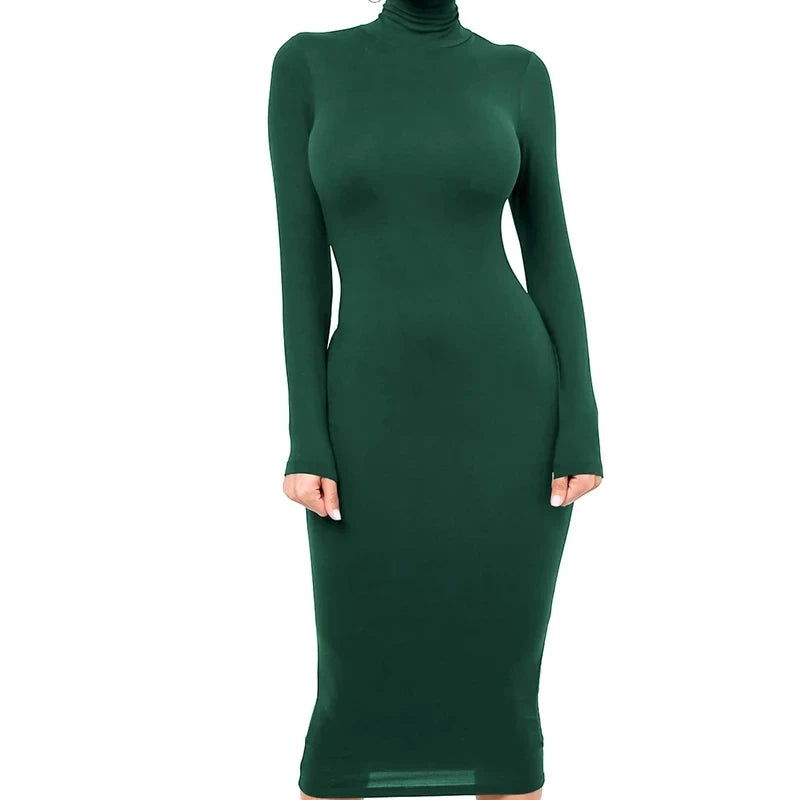 Robe Midi Moulante à Col Roulé et Manches Longues