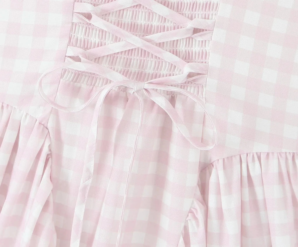 Robe Midi Évasée à Motif Vichy Rose et Blanc