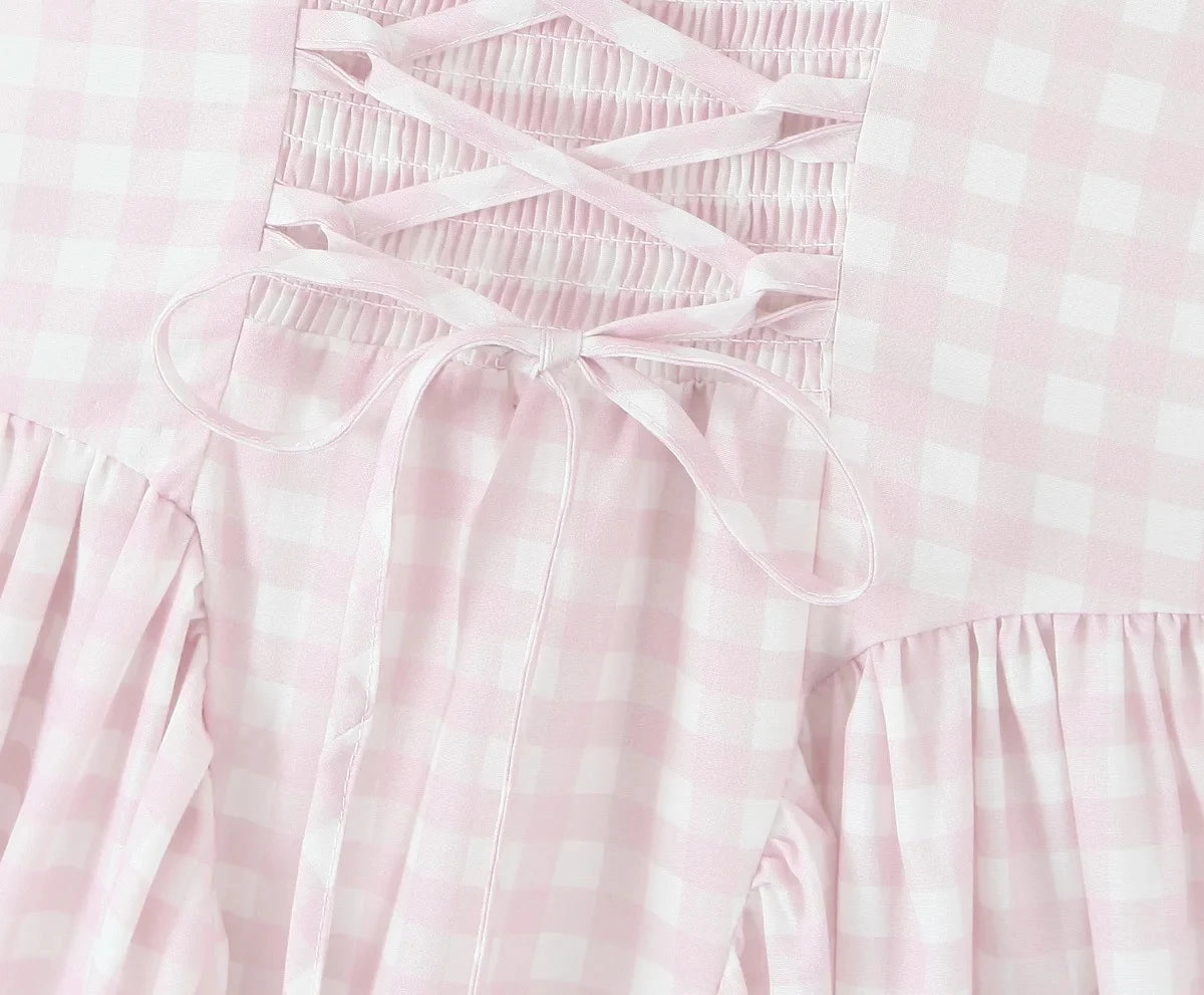 Robe Midi Évasée à Motif Vichy Rose et Blanc
