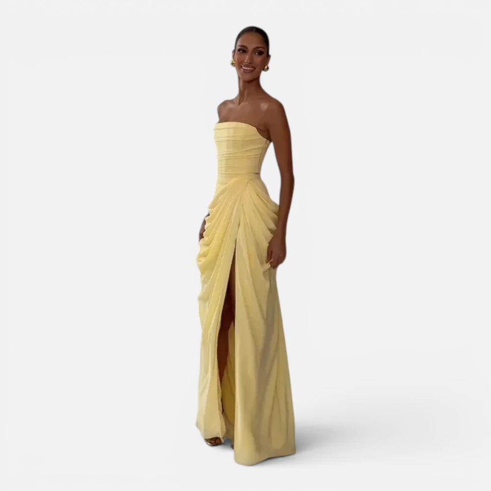 Robe Longue Bustier Plissée avec Fente Haute