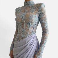 Robe de Soirée Sirène en Dentelle à Col Montant avec Traîne