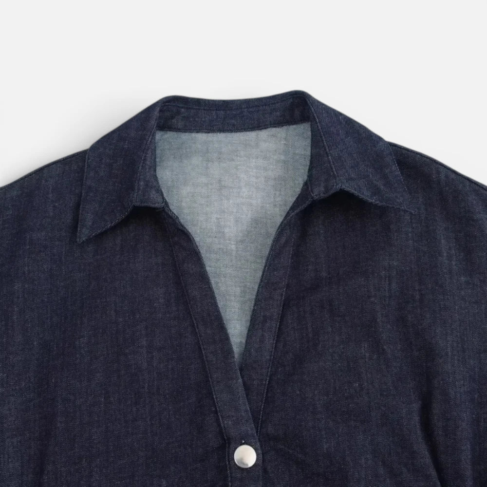 Robe Midi en Denim Boutonnée à Manches Courtes