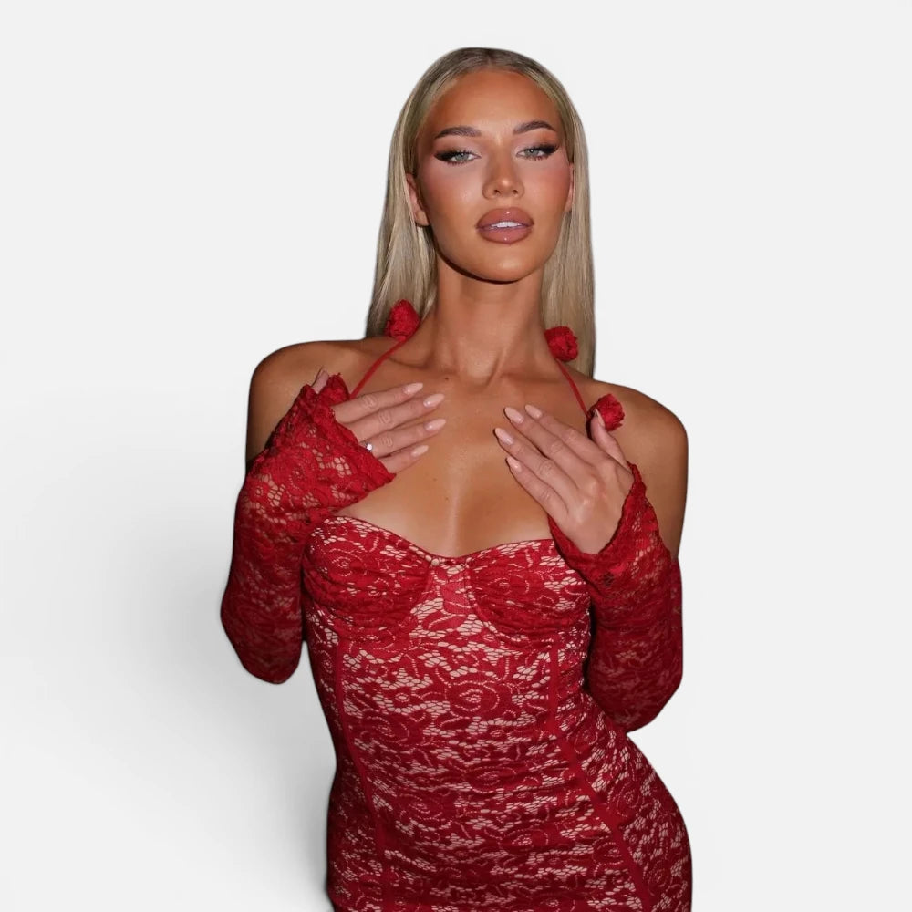 Robe Rouge A Bretelles Florales En Dentelle