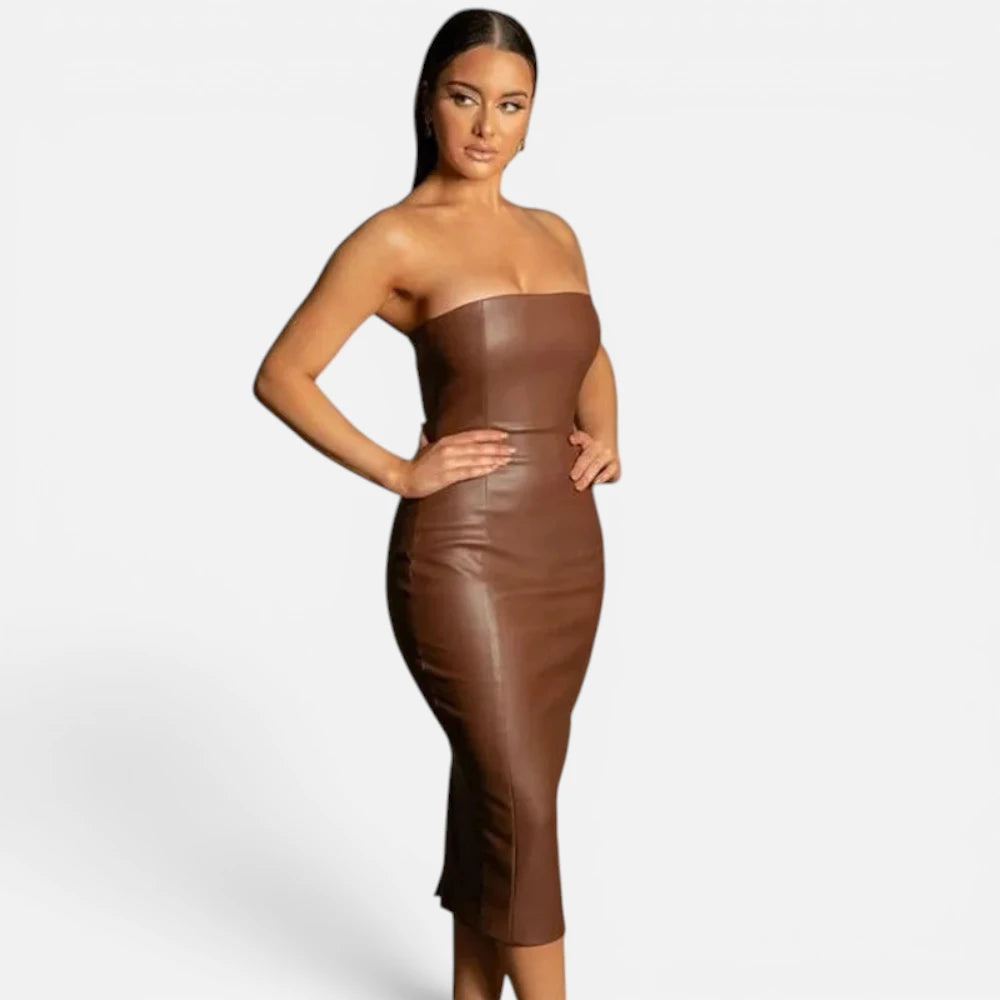 Robe Midi Bustier en Simili-Cuir Coupe Crayon