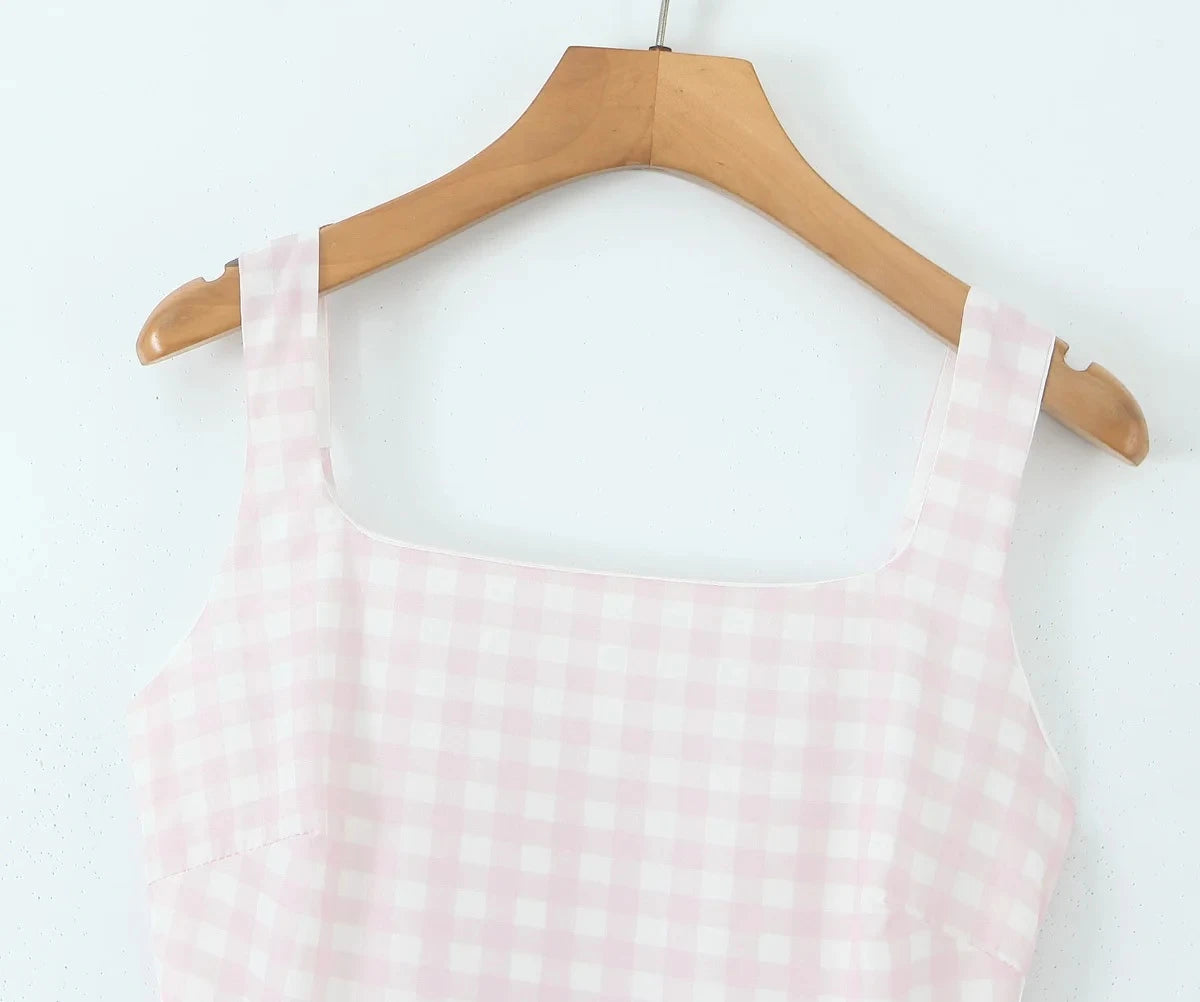 Robe Midi Évasée à Motif Vichy Rose et Blanc
