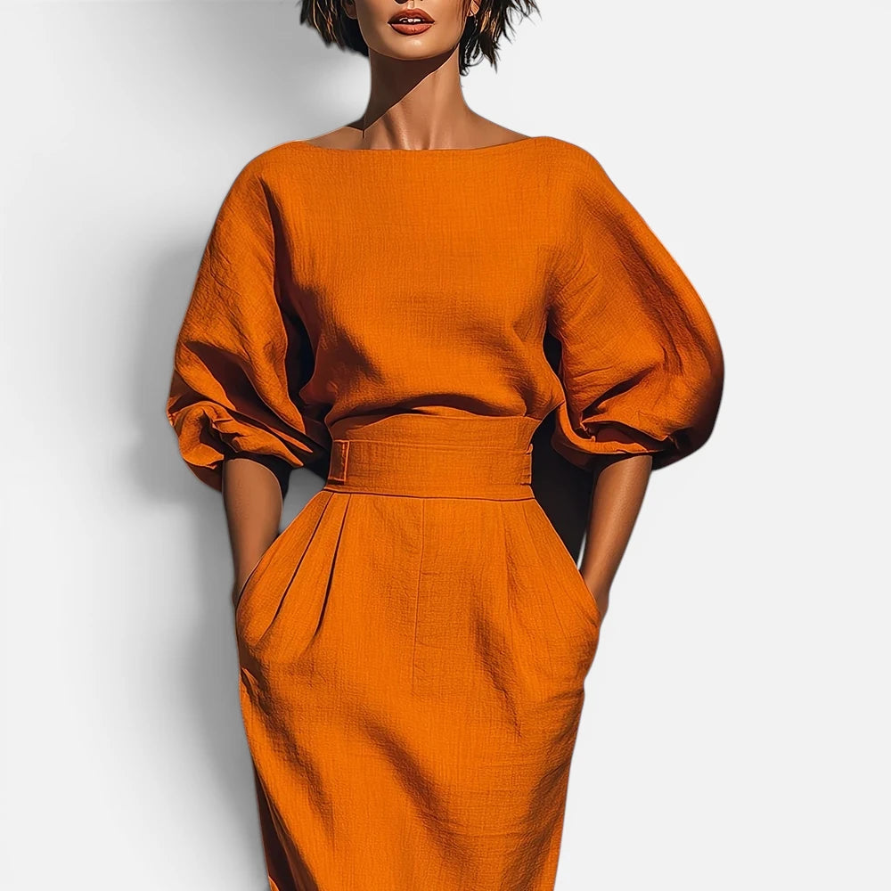 Robe Midi Texturée à Manches Lanternes Bouffantes